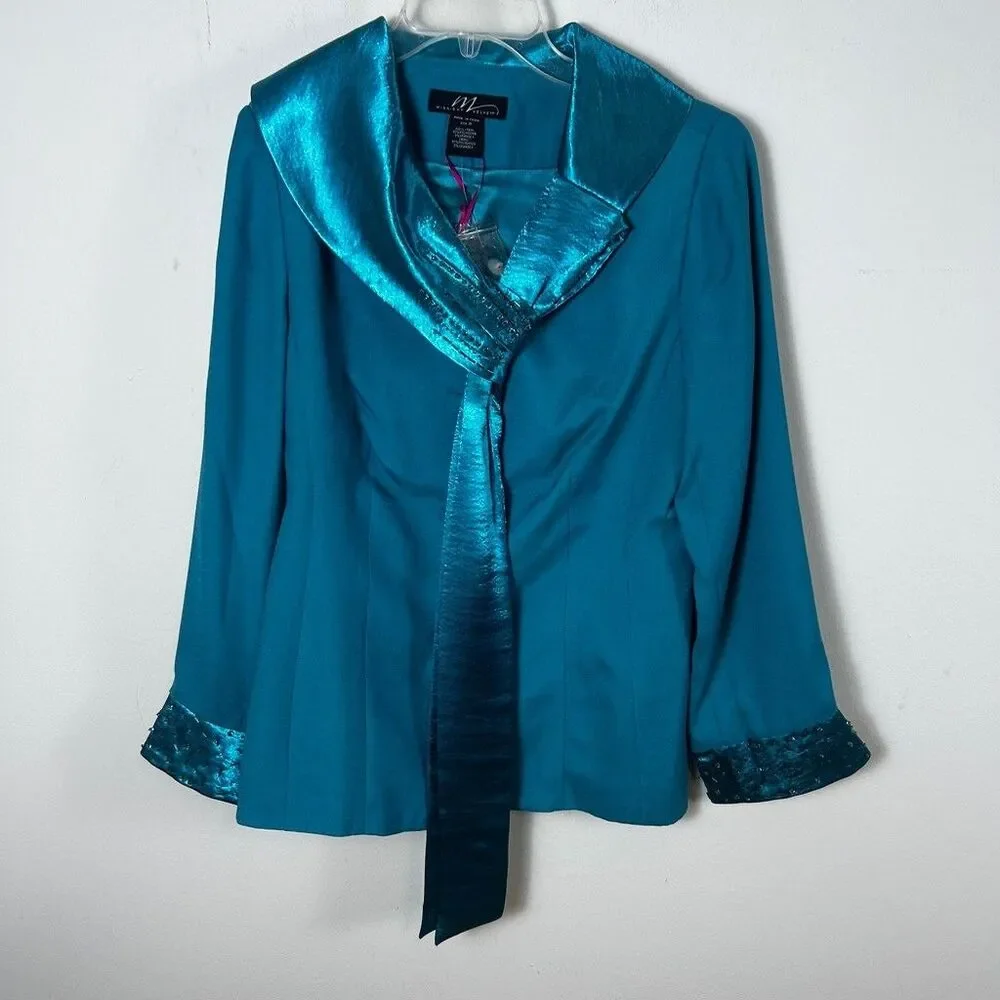 Midnight Velvet Skirt Suit Set Womens Size 8 Teal Blue Beaded Metallic Trim